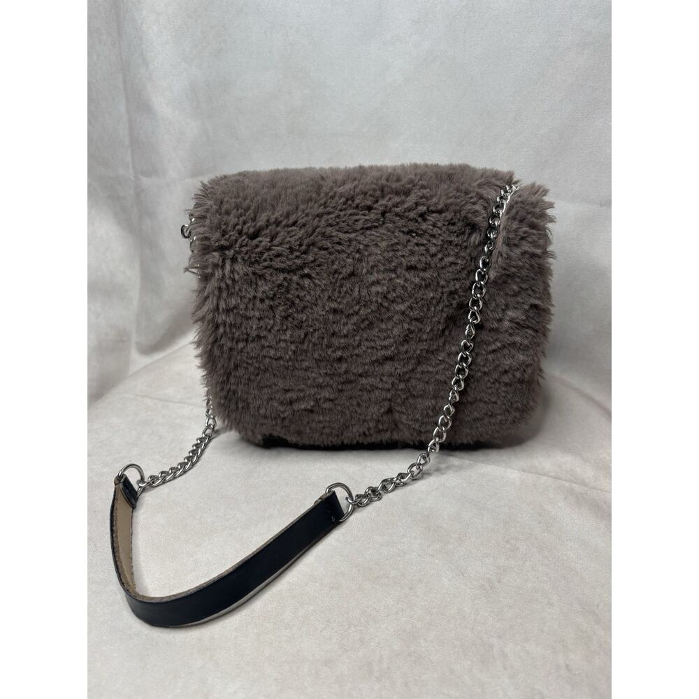 OBag Italy Faux Fur Mini Handbag Taupe Gray Blk Modular EVA Shell Chain Crossbod